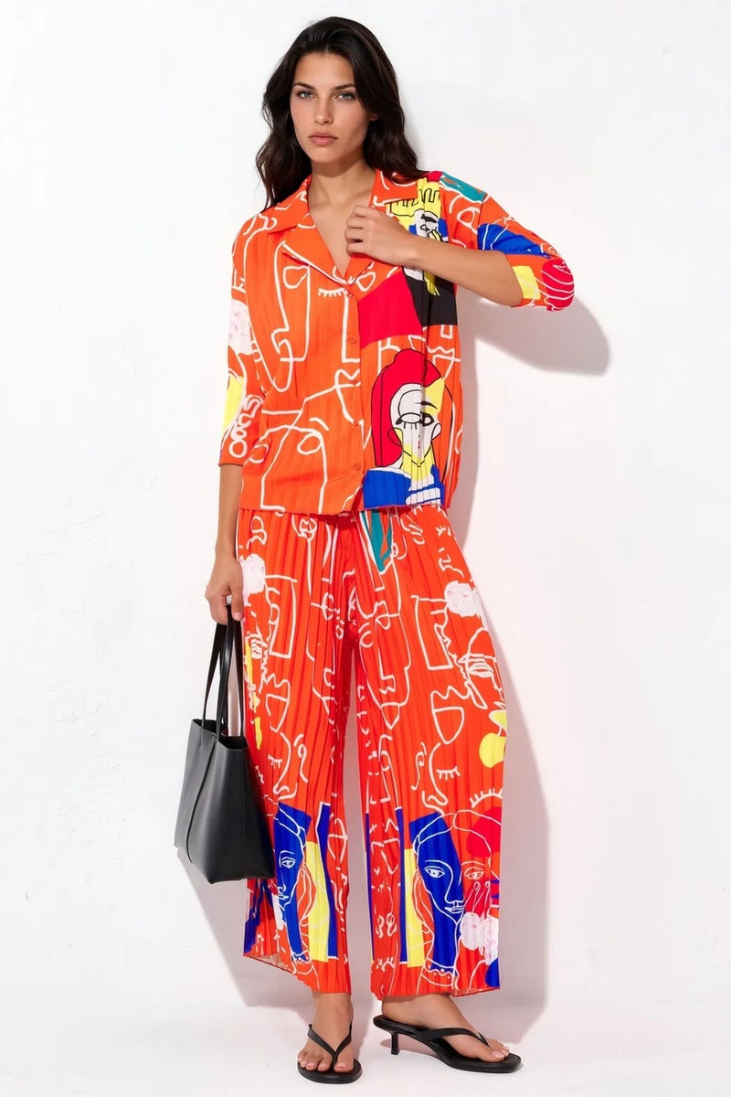 Jennyfer Abstract Print Shirt And Wide-Leg Pants Set - Image 1