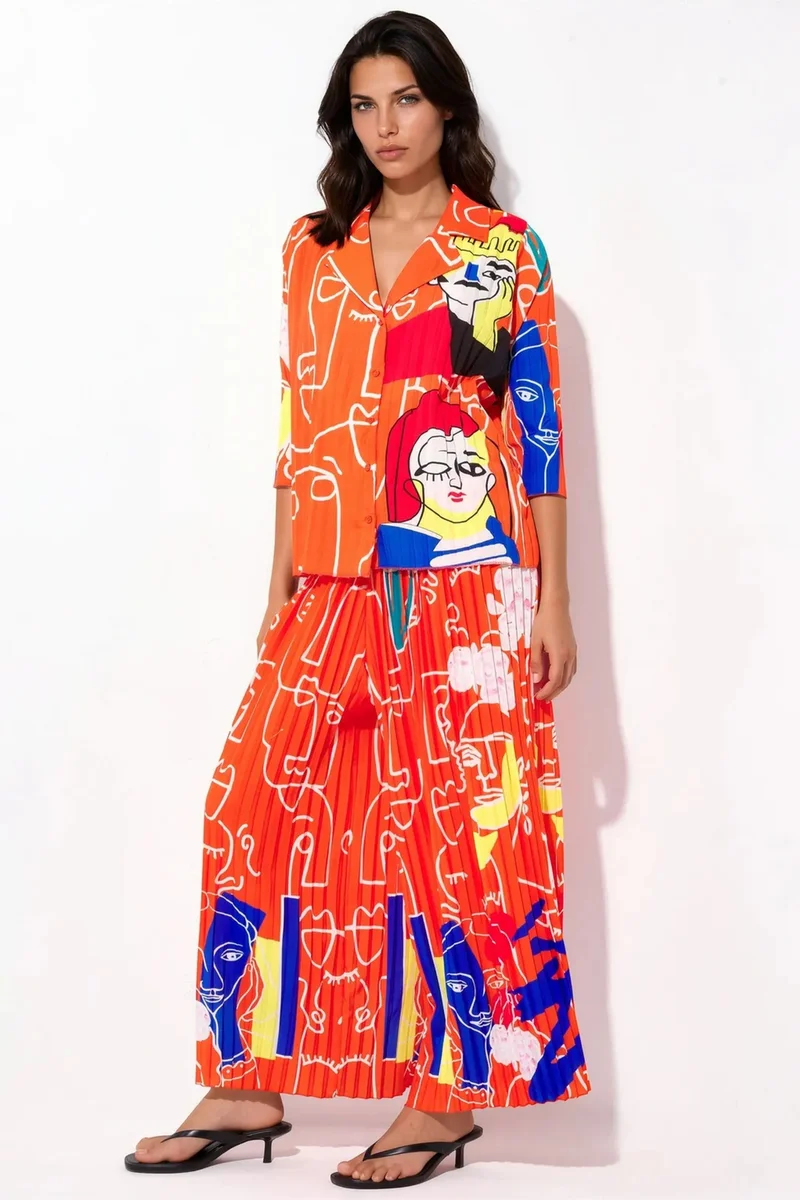 جينيفر Abstract Print Shirt And Wide-Leg Pants Set