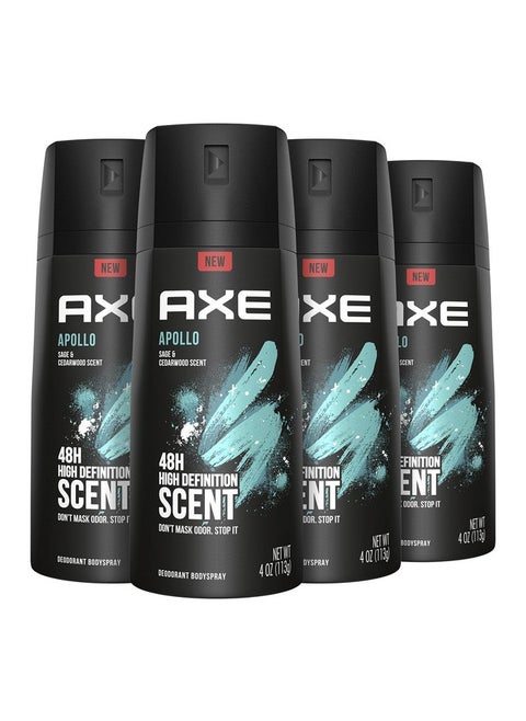 AXE Apollo Body Spray Deodorant for Long-Lasting Odor Protection, Sage & Cedarwood Deodorant for Men Formulated Without Aluminum 4 Ounce (Pack of 4)