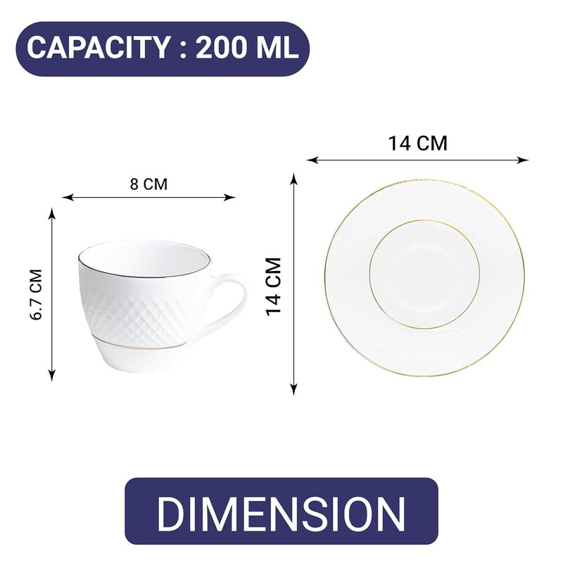 Femora Double Gold LineDiamond Cut White Ceramic Tea Cup with Saucer Set of 12 Pcs 200 ml Microwave Dishwasher Safe BoneAsh Free Crockery Set Ideal for Daily Use Gifting White - Image 3