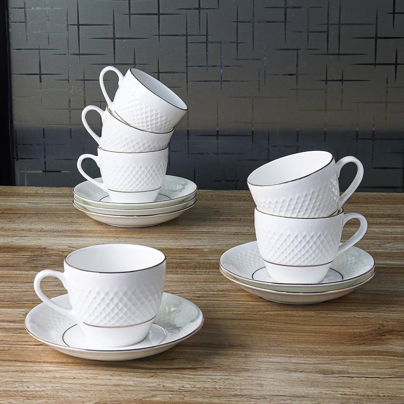 Femora Double Gold LineDiamond Cut White Ceramic Tea Cup with Saucer Set of 12 Pcs 200 ml Microwave Dishwasher Safe BoneAsh Free Crockery Set Ideal for Daily Use Gifting White - Image 2