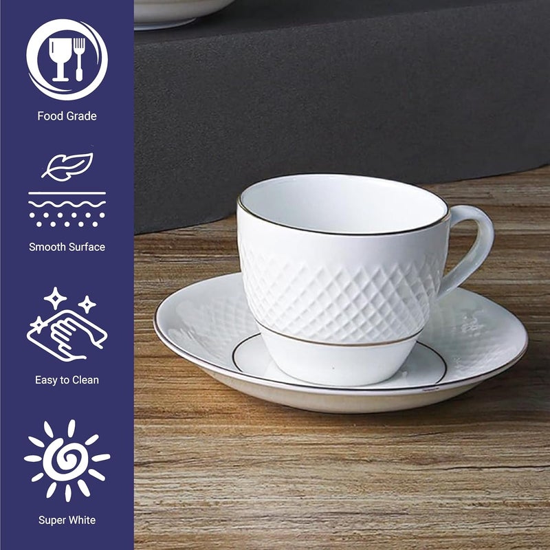 Femora Double Gold LineDiamond Cut White Ceramic Tea Cup with Saucer Set of 12 Pcs 200 ml Microwave Dishwasher Safe BoneAsh Free Crockery Set Ideal for Daily Use Gifting White - Image 5