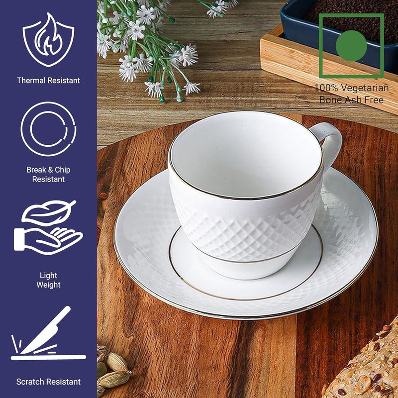 Femora Double Gold LineDiamond Cut White Ceramic Tea Cup with Saucer Set of 12 Pcs 200 ml Microwave Dishwasher Safe BoneAsh Free Crockery Set Ideal for Daily Use Gifting White - Image 4