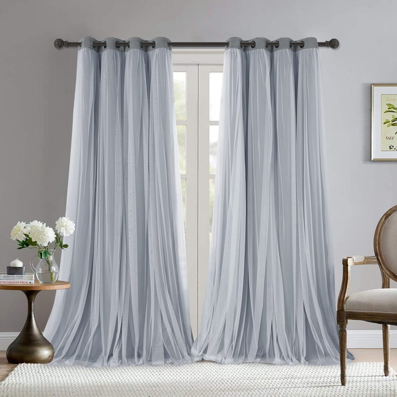 BONZER White Sheer Tulle Overlay Blackout Curtains Grommet Top Mix and Match Curtains for Living Room Cloud Grey 52x95 Inch Set of 2 Panels