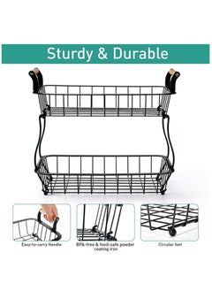 Arabest 2 Tier Fruit Basket, Stackable Fruit Basket Bowl Stand with Wooden Handle, Detachable Fruit Storage Basket for Kitchen, Dining Room, Countertop, Black  - Image 2
