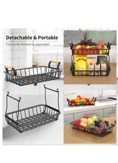 Arabest 2 Tier Fruit Basket, Stackable Fruit Basket Bowl Stand with Wooden Handle, Detachable Fruit Storage Basket for Kitchen, Dining Room, Countertop, Black  - Image 3