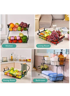 Arabest 2 Tier Fruit Basket, Stackable Fruit Basket Bowl Stand with Wooden Handle, Detachable Fruit Storage Basket for Kitchen, Dining Room, Countertop, Black  - Image 4