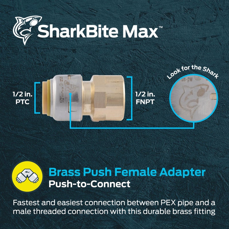 SharkBite Max 1/2 x 1/2 Inch FNPT Adapter, Push To Connect Brass Plumbing Fitting, PEX Pipe, Copper, CPVC, PE-RT, HDPE, UR072A - Image 2