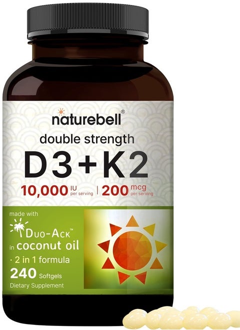 Vitamin D3 K2 (10,000 IU Vitamin D + 200mcg Vitamin K MK-7) 240 Softgels with Coconut Oil for Complete Absorption | Bone, Heart, Immune, & Calcium Support | One a Day, Non-GMO