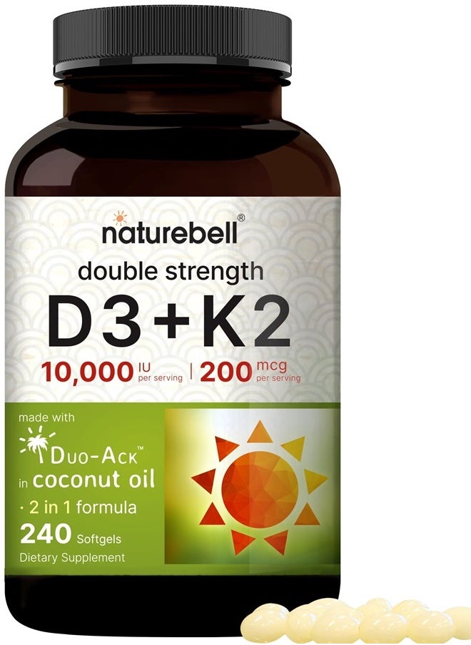 Vitamin D3 K2 (10,000 IU Vitamin D + 200mcg Vitamin K MK-7) 240 Softgels with Coconut Oil for Complete Absorption | Bone, Heart, Immune, & Calcium Support | One a Day, Non-GMO