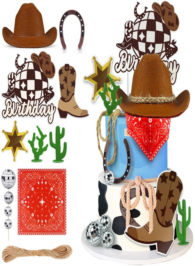KEEPARTY Cowboy Birthday Cake Topper Cowboy Cowgirl Hat Scarf Western Rodeo Theme Decoration for Birthday Baby Shower Western Theme Party Favors Supplies (Brown) - Image 1