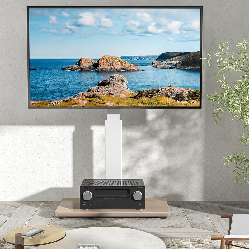 Hamood Universal TV Stand for 40-75 Inch Flat/Curved Screens, Height Adjustable (50"-56"), VESA 100x100mm to 600x400mm, Up to 110 lbs, with Media Shelf, Elegant White HMD-1504 - Image 2
