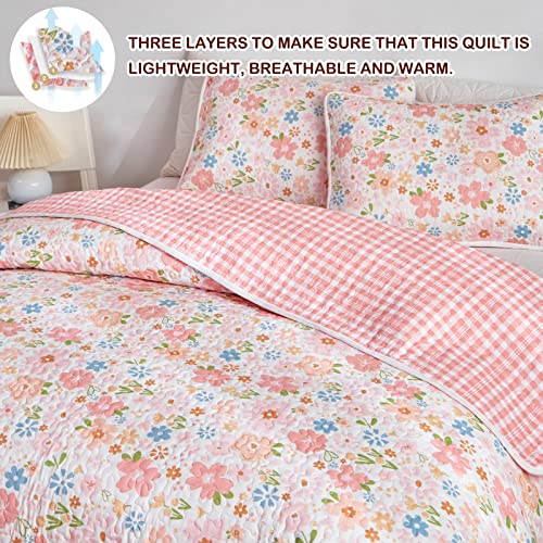 Joyreap 3 Pieces Cotton Quilt Set for Girls, Full/Queen Size Floral Pink Flowers Design, Cozy Lightweight Quilt Bedspread Bed Cover for All Season, 1 Quilt and 2 Pillow Shams- 90x90 inches - Image 4