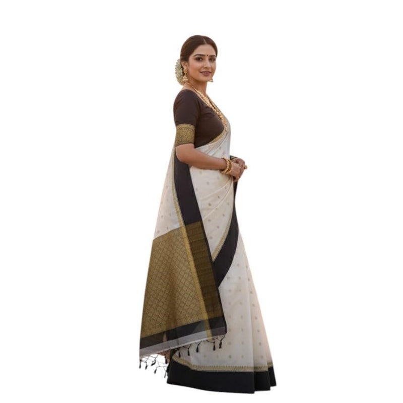 Traditional kanjeevram Saree with Zari Border, beige and Black with Gold Accents