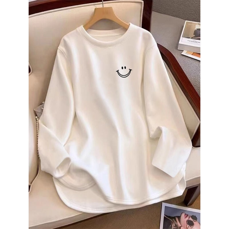 Velvet Mid-length Curved Long-sleeved T-shirt Womens Spring Autumn and Winter Inner Base Shirt Scrub Thickened Loose Slimming Top White [Double Line Smiley-Black]]