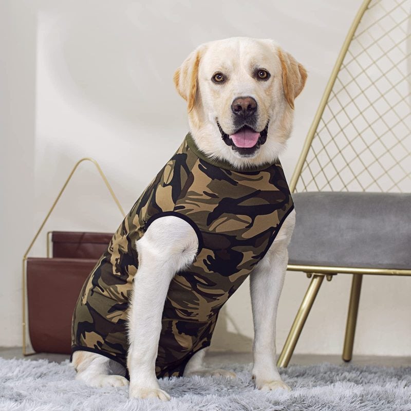 Dog Onesie: Camouflage Size 34 Breathable & Soft Cotton Spandex - Cone Alternative Surgical Recovery Suit for Medium to Large Breed Dogs Post-Surgery, Home & Outdoor Use - Image 3