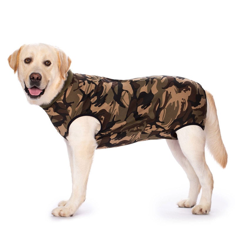 Dog Onesie: Camouflage Size 34 Breathable & Soft Cotton Spandex - Cone Alternative Surgical Recovery Suit for Medium to Large Breed Dogs Post-Surgery, Home & Outdoor Use - Image 1