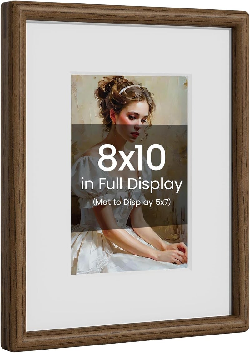 Heimlove 8x10 Picture Frame Natural Oak Wood From California-USA Walnut Color Finished with Real Tempered Glass, Handcrafted 8 x 10 Photo Frame Matted to 5x7 Wedding,Family,Graduation Picture on Table & Wall - Image 1