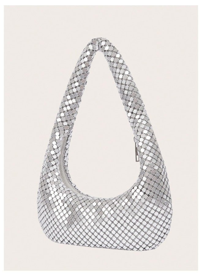 MakeMeChic Women's Metallic Glitter Sequin Underarm Bag Party Evening Hobo Handbags Silver One Size - Image 3