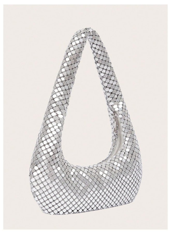 MakeMeChic Women's Metallic Glitter Sequin Underarm Bag Party Evening Hobo Handbags Silver One Size - Image 2