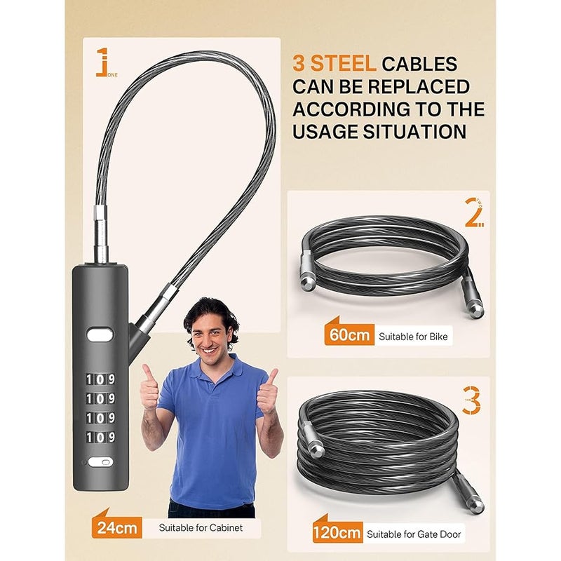 Cable Lock, Steel Cable 4-Digit Combination Lock, Adjustable with 3 Different Lengths Cables for Bikes, File Cabinets, Wardrobes, Small Doors, etc (Gun-Grey 1 Pack) - Image 2