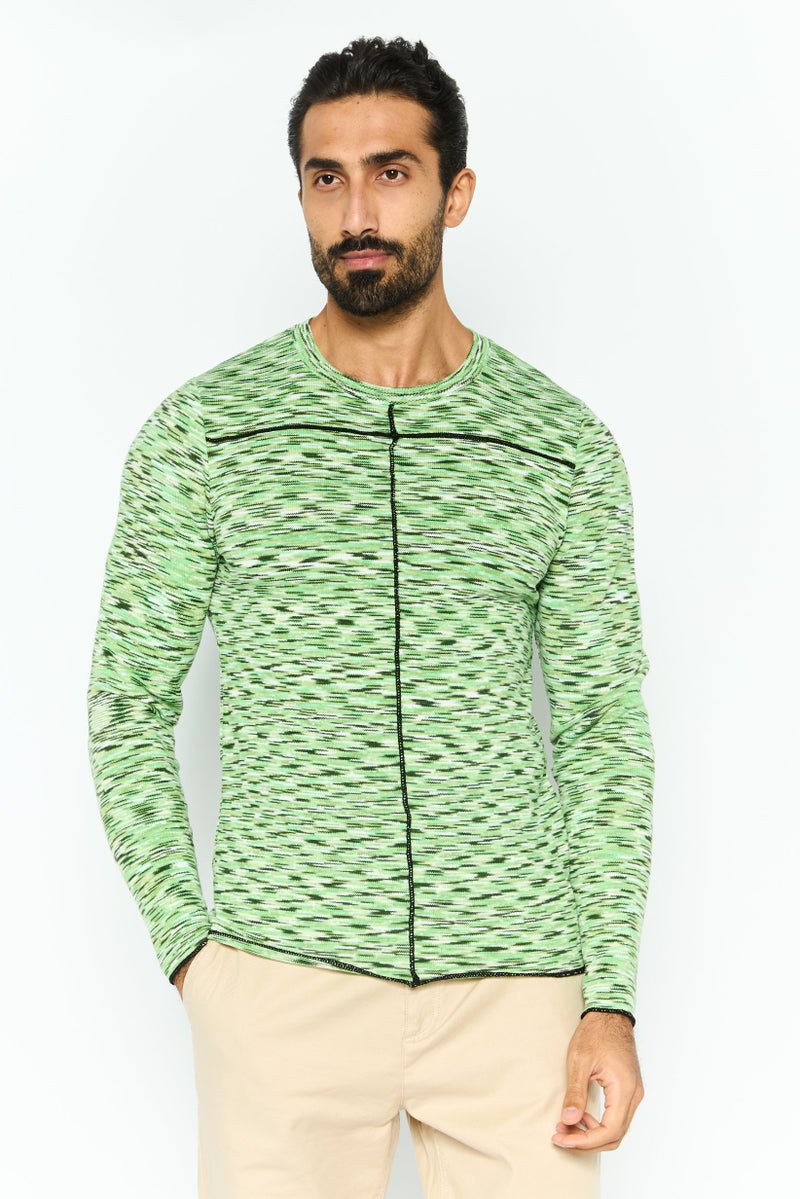 Asos Design Men Round Neck Allover Print Long Sleeves Top, Green - Image 1