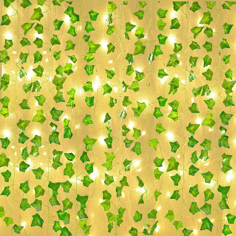 Naidiler 12 Pcs Artificial Ivy Garland Fake Vines with 65 Ft Lights String 200 LED Decor Faux Green Hanging Plant Greenery for Wall Party Wedding Room Home Kitchen Indoor  Outdoor Decoration
