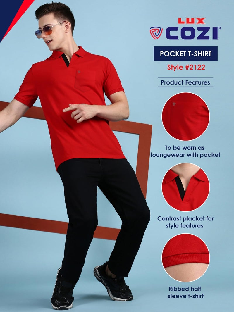 Lux Cozi Men's Regular Fit Polo Neck Half Sleeve Solid Casual T-Shirt with Chest Pocket for Casual Wear_COZI_2122_BM_RD_2XL_2PC - Image 3
