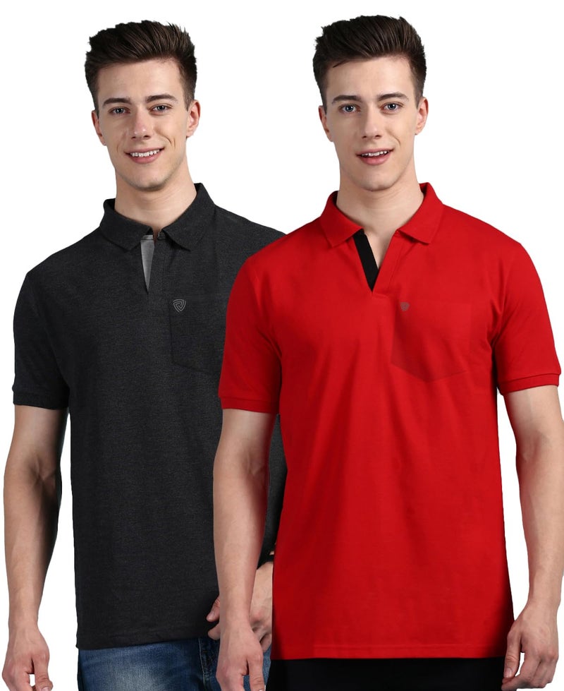 Lux Cozi Men's Regular Fit Polo Neck Half Sleeve Solid Casual T-Shirt with Chest Pocket for Casual Wear_COZI_2122_BM_RD_2XL_2PC - Image 1