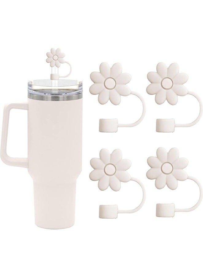 4 Pcs Flower Straw Covers Toppers for Stan-ley Cups 30&40 Oz Tumbler Accessories Silicone Straw Caps Reusable Straw Tips Protectors for Stan-ley Cup 10mm 0.4 inch Straws (white)  - Image 1