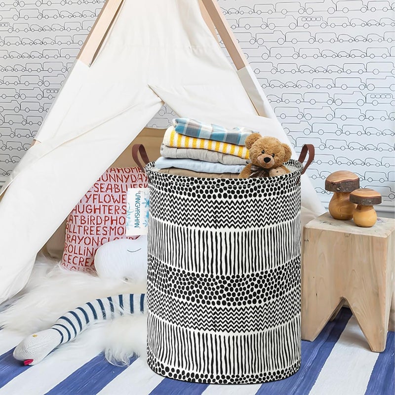 LANGYASHAN Laundry Basket Canvas Fabric Collapsible Organizer Basket for Storage Bin Toy Bins Gift Baskets Bedroom Clothes Children Nursery Hamper (Black line) - Image 4