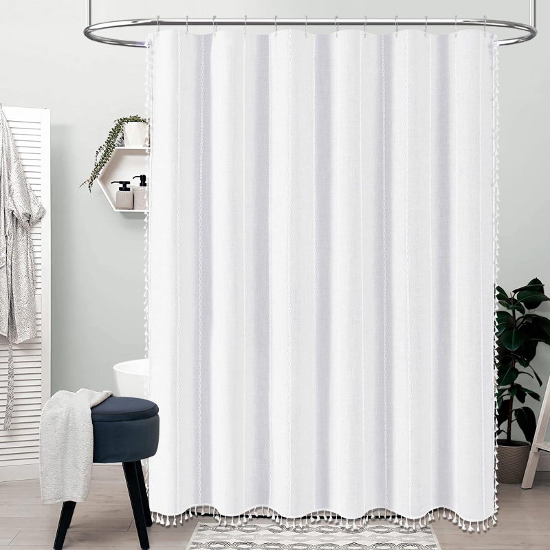 BTTN White Farmhouse Shower Curtain, Boho Linen Striped Heavy Duty Fabric Shower Curtain Set with Tassel, Bohemian Country Ultra Thick Shower Curtain for Bathroom, Wrinkle Free, Water Repellent, 72x72 - Image 2