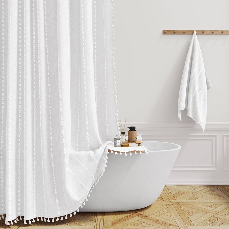 BTTN White Farmhouse Shower Curtain, Boho Linen Striped Heavy Duty Fabric Shower Curtain Set with Tassel, Bohemian Country Ultra Thick Shower Curtain for Bathroom, Wrinkle Free, Water Repellent, 72x72 - Image 1