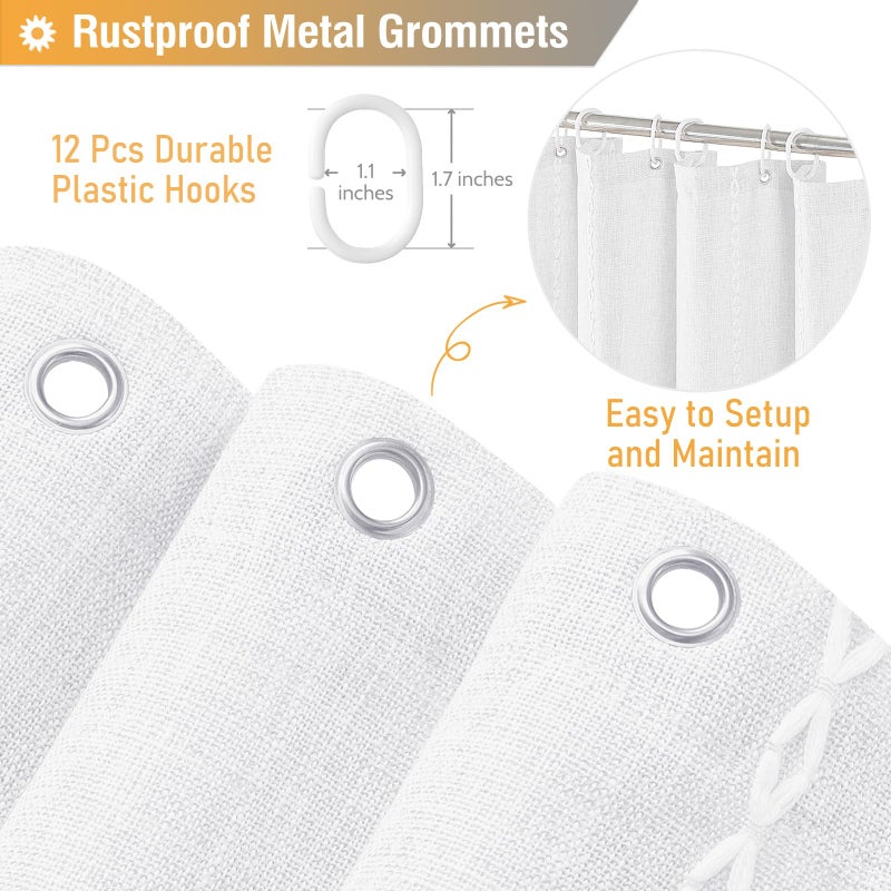 BTTN White Farmhouse Shower Curtain, Boho Linen Striped Heavy Duty Fabric Shower Curtain Set with Tassel, Bohemian Country Ultra Thick Shower Curtain for Bathroom, Wrinkle Free, Water Repellent, 72x72 - Image 5