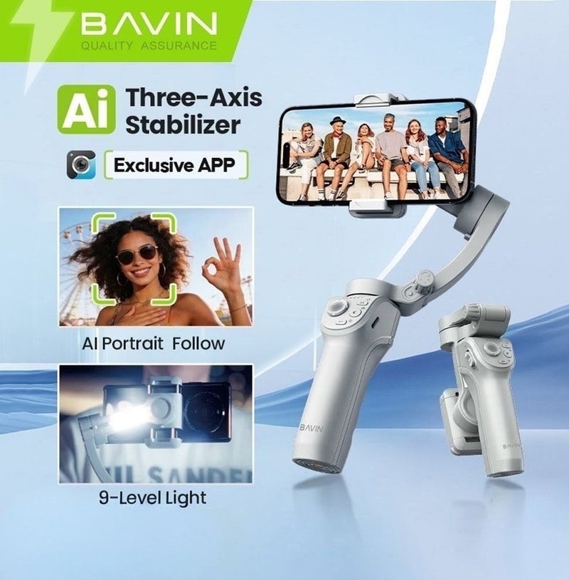 Bavin AP30 Foldable 3-Axis Smartphone Gimbal Stabilizer with Tripod, Fill Light, and AI-Powered Smart Face Tracking - Image 2