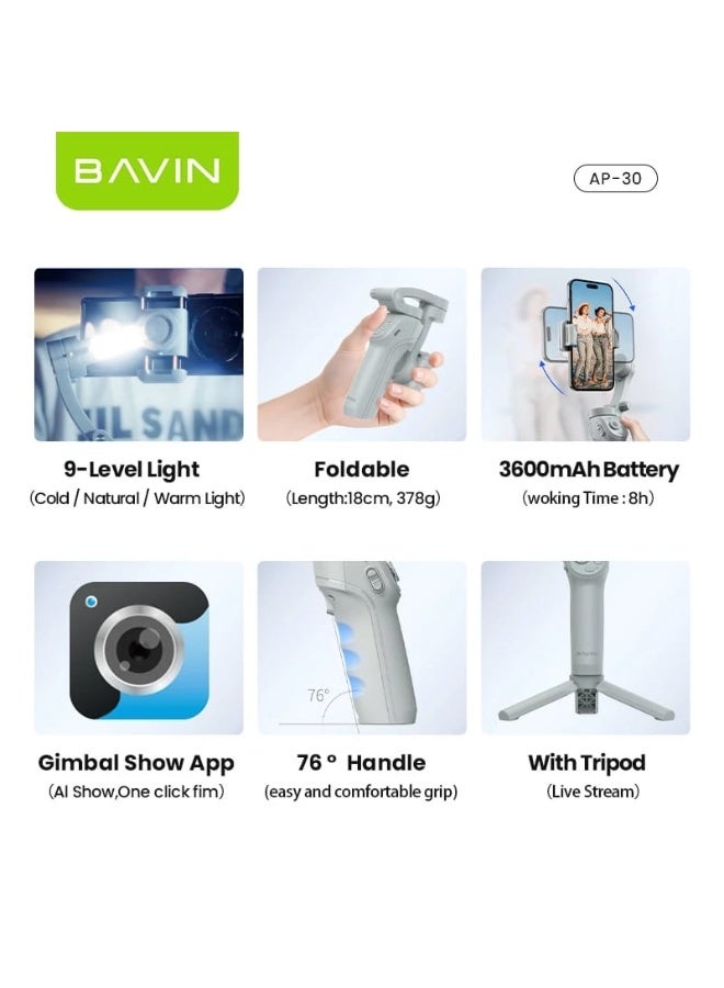 Bavin AP30 Foldable 3-Axis Smartphone Gimbal Stabilizer with Tripod, Fill Light, and AI-Powered Smart Face Tracking - Image 4