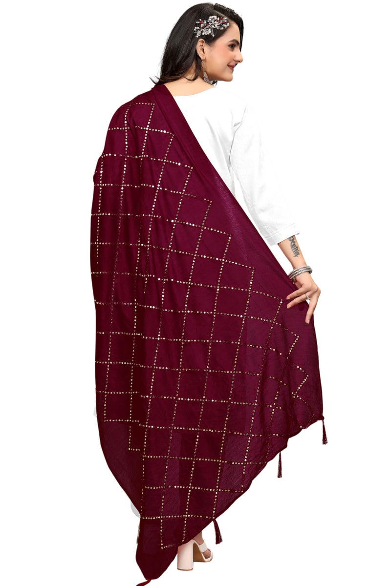 KEMZA Women's Embroidered Cotton Mirror Dupatta (Maroon) in Checks Pattern - Image 1