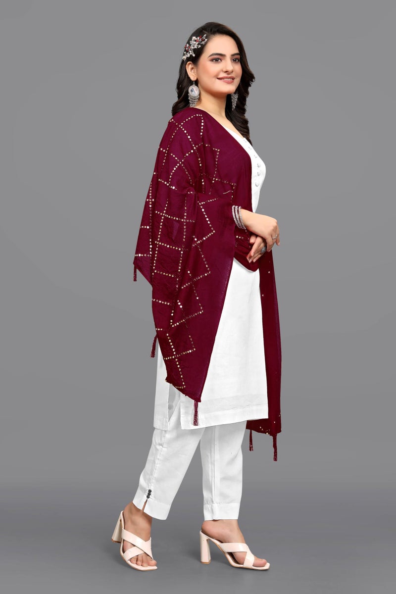 KEMZA Women's Embroidered Cotton Mirror Dupatta (Maroon) in Checks Pattern - Image 3