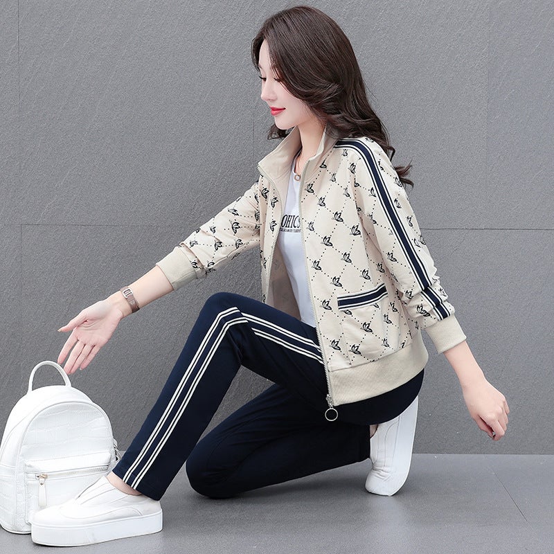 2024 spring new three-piece suit fashion leisure sports suit womens cotton middle-aged mother contrast color square dance Beige - Image 1