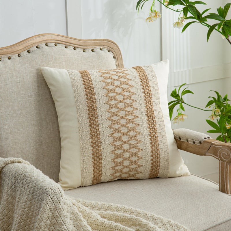 Mayler Yee Throw Pillow Covers 20 x 20 Inch 1PC for Farmhouse Living Room  Cotton & Burlap Textured Striped Woven Boho Pillow Covers (Beige & Brown  Khaki Grid) - Image 4