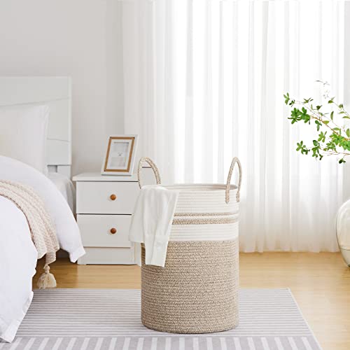 VIPOSCO Large Laundry Hamper, Tall Woven Rope Storage Basket for Blanket, Toys, Dirty Clothes in Living Room, Bathroom, Bedroom - 72L Brown & White - Image 4