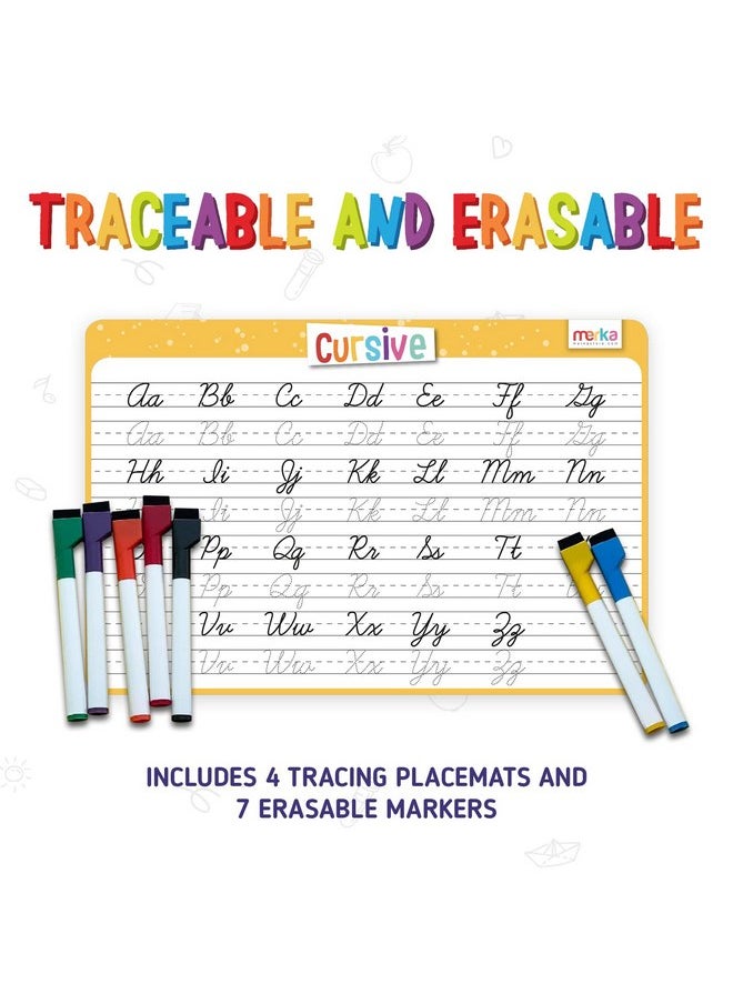 merka - merka 4 Pack Educational Placemats for Kids with 7 Dry Erase Markers, Toddler Placemats for Dining Table, Tracing Activity Learn to Write Alphabet, Cursive, Numbers and Colors - Image 1