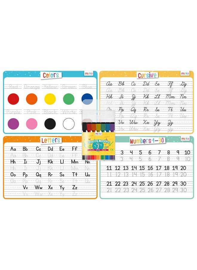 merka - merka 4 Pack Educational Placemats for Kids with 7 Dry Erase Markers, Toddler Placemats for Dining Table, Tracing Activity Learn to Write Alphabet, Cursive, Numbers and Colors - Image 1