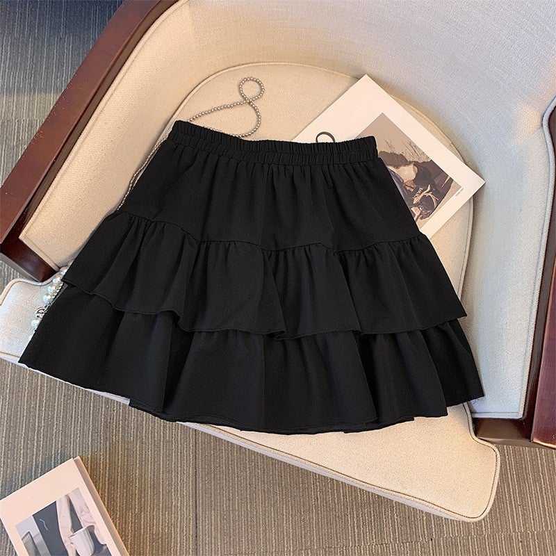 Plus Size Womens Skirt Pleated Ruffle Slimming Casual Summer 2024 Black (shipped within 7 days) 