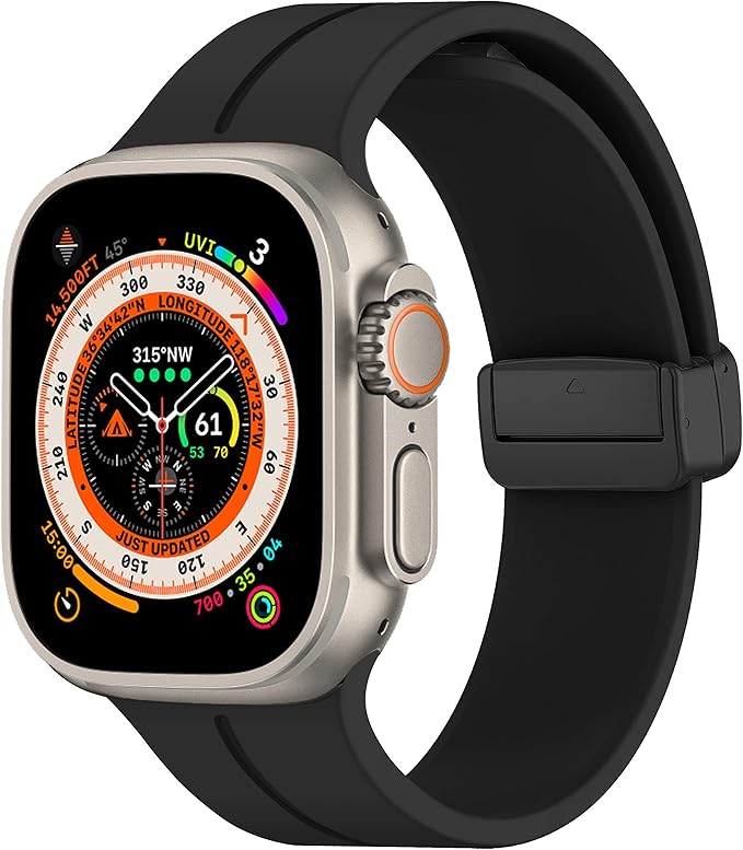 Magnetic Silicone Band for Apple Watch 49mm 45mm 44mm 42mm, Sport Wristband Strap for iWatch Series 9/8/7/6/5/4/3/SE (2nd Gen)/Ultra 2 for Men & Women – Black