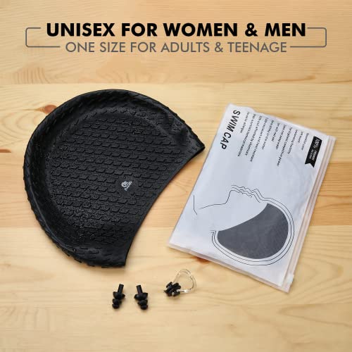 Primalite Silicone Swimming Cap with Nose Clip & Ear Plug- Long & Short Hair, Cover Ears to Keep Hair Dry, Waterproof Swim Caps, Anti-Slip Comfortable High Elasticity- Adults Men Women Kids- Jet Black - Image 4