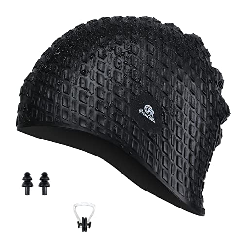 Primalite Silicone Swimming Cap with Nose Clip & Ear Plug- Long & Short Hair, Cover Ears to Keep Hair Dry, Waterproof Swim Caps, Anti-Slip Comfortable High Elasticity- Adults Men Women Kids- Jet Black - Image 1