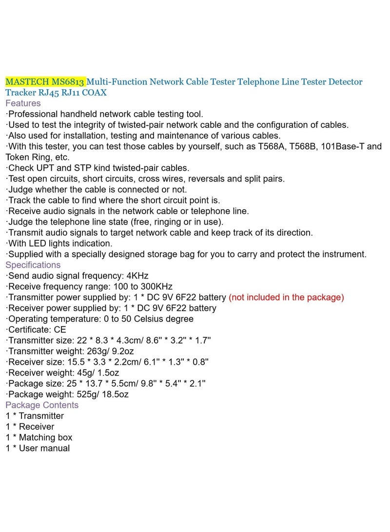 ماستيش جهاز اختبار كابلات الشبكة Mastech MGL MS6813 متعدد الوظائف لاختبار كابلات الشبكة وخطوط الهاتف، كاشف الأسلاك، جهاز تتبع، جهاز اختبار متعدد النطاقات تلقائي (MS6813) - Image 3