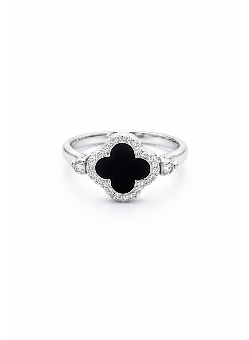 FINE SILVER 925 Sterling Silver Women's Four-Leaf Clover Ring with Black Center and Cubic Zirconia Halo - Image 1