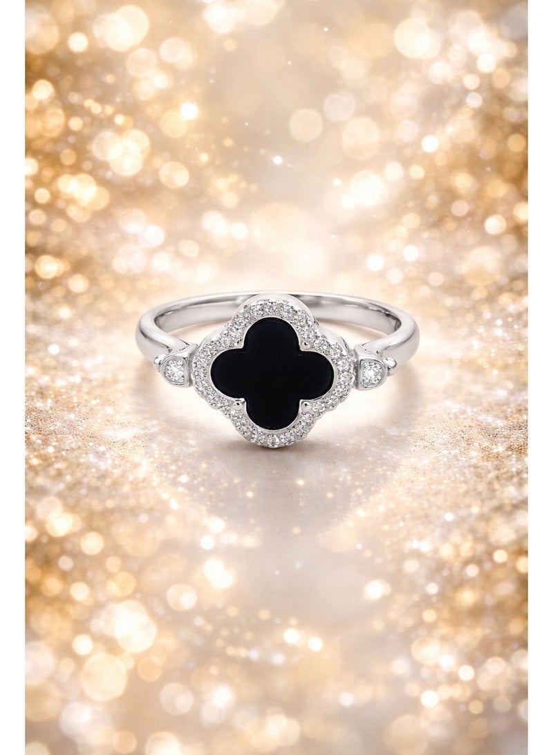 FINE SILVER 925 Sterling Silver Women's Four-Leaf Clover Ring with Black Center and Cubic Zirconia Halo - Image 2
